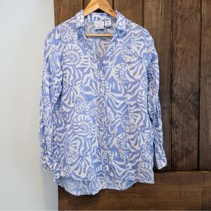 Nicole Miller Linen European Flax Abstract Shell Print Roll Tab Shirt Medium